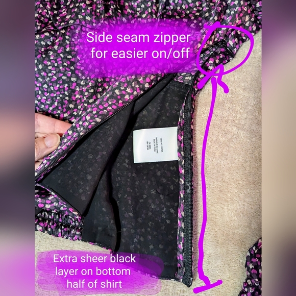 Reitmans XSmall BNWT, V-neck purple black pattern, pouf sleeve blouse - Picture 11 of 16